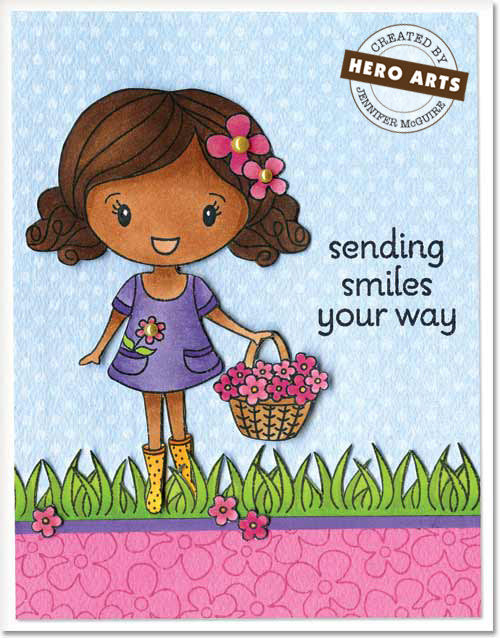 Sello de niña sosteniendo flores