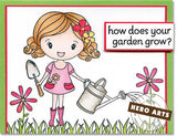 Sello de niña sosteniendo flores