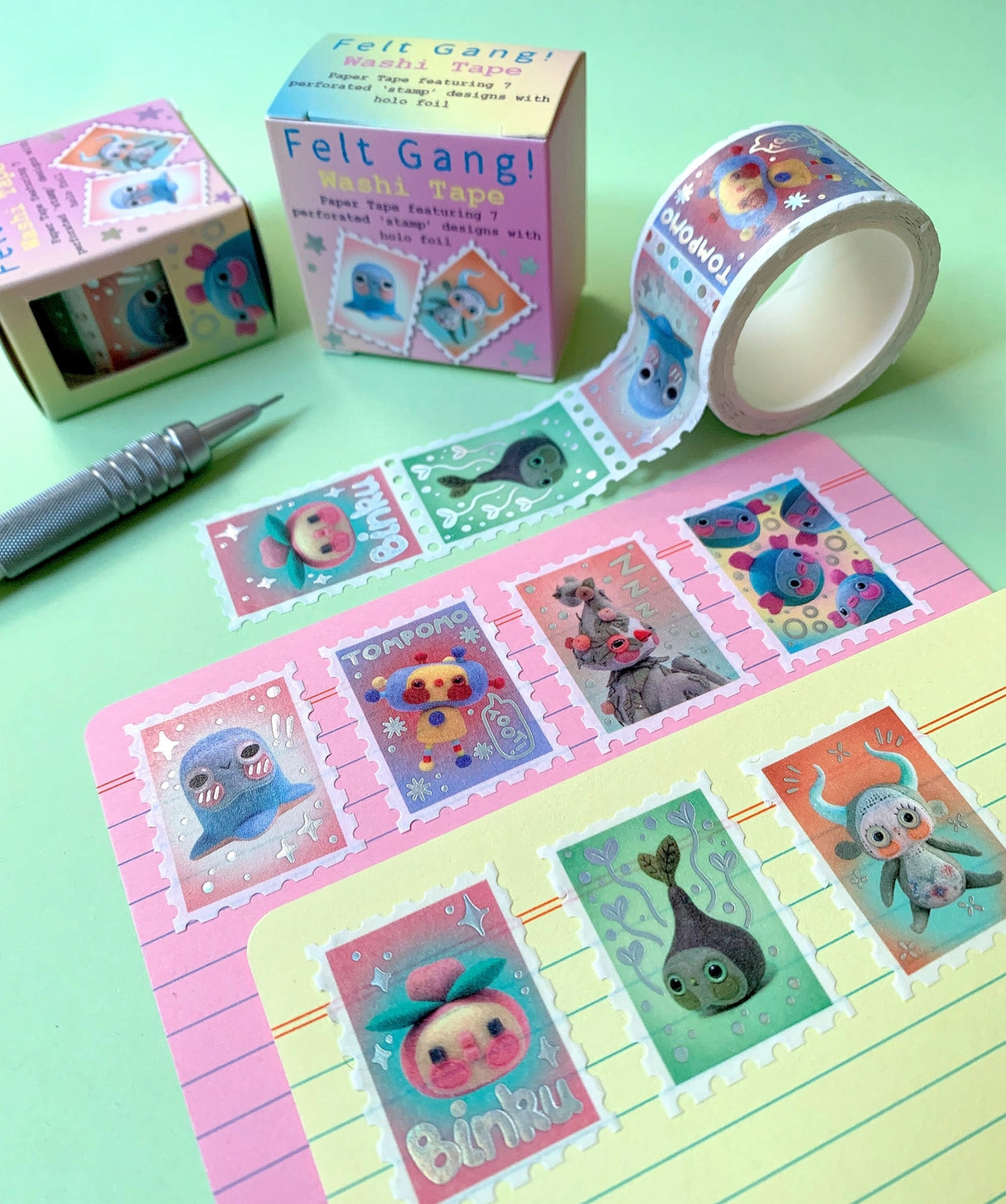 Hannakin Felt Gang Holographic Stamp Washi Tape

Listing for x1 roll of cute as heck photographic Hannakin felt critter themed stamp washi tape with holographic foil accents.