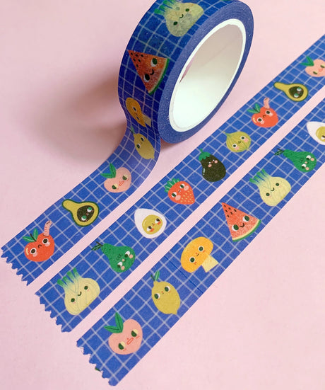 'Kitchen Club' washi tape roll, 15mm H x 10m L, in a recyclable card box.

Cute collection of fruit and veggie pals on a wobbly-check blue background.