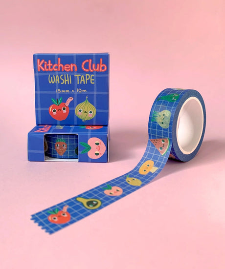 'Kitchen Club' washi tape roll, 15mm H x 10m L, in a recyclable card box.

Cute collection of fruit and veggie pals on a wobbly-check blue background.