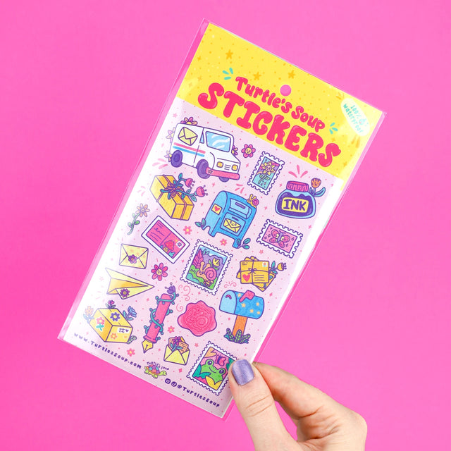 🐢 Our Kiss Cut Sticker Sheets are 4 inches by 6 inches and include one (1) sheet per package, with 10 to 20 individual waterproof, stickers on each.&nbsp;

🐢 Each sheet is enclosed in a sleeve with an art backing card and are retail-ready!

🐢 Stick them on water bottles, laptops, cars, coolers, helmets, skateboards, or just about any flat surface you can think of.&nbsp;
