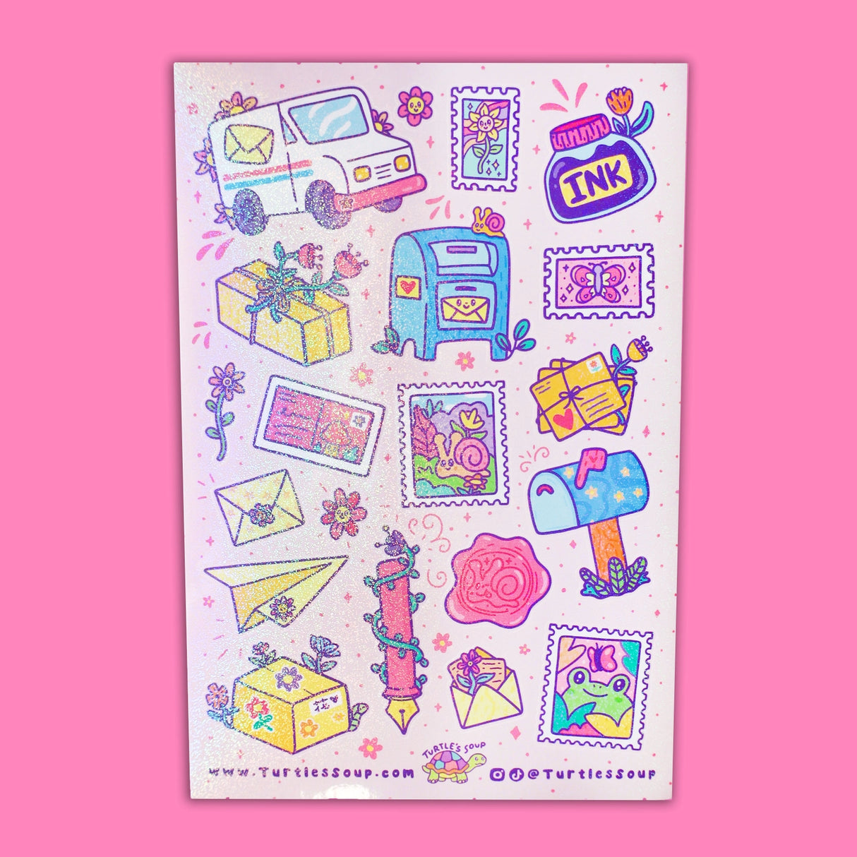 🐢 Our Kiss Cut Sticker Sheets are 4 inches by 6 inches and include one (1) sheet per package, with 10 to 20 individual waterproof, stickers on each.&nbsp;

🐢 Each sheet is enclosed in a sleeve with an art backing card and are retail-ready!

🐢 Stick them on water bottles, laptops, cars, coolers, helmets, skateboards, or just about any flat surface you can think of.&nbsp;