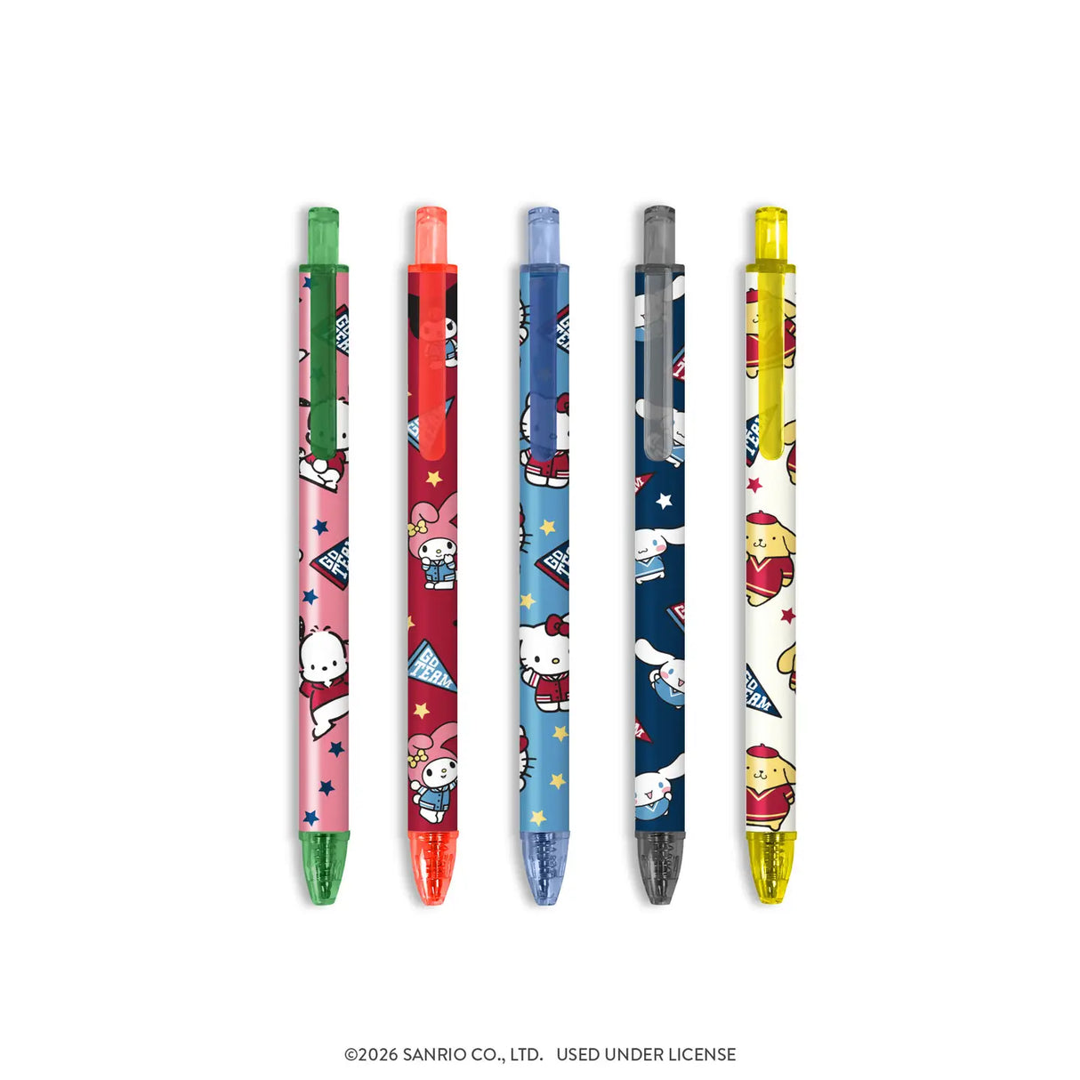 Hello Kitty® and Friends are bringing the scholastic flair! This five-pen set features soft-touch barrels for an extra-comfy grip, plus adorable artwork and smooth-flowing ink in green, red, blue, black, and yellow. It's the perfect addition to Hello Kitty study supplies, Sanrio® writing sets, or everyday student essentials. Plus, it makes a great gift for stationery lovers, coworkers, Sanrio fans, and more!