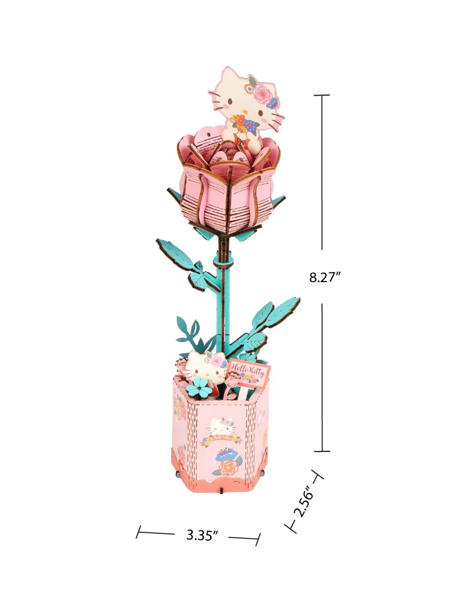 Unleash your creativity with the Hello Kitty Pink Rose 3D Wooden Puzzle Kit. This detailed kit lets you build a charming pink rose featuring the iconic Hello Kitty character, offering a fun and satisfying challenge for individuals age 8+!