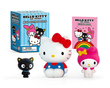 Take home Hello Kitty and her friends with this supercute miniature nesting doll set.

Specifications:

3 mini-size nesting dolls featuring Hello Kitty (3 inches), My Melody (2 inches), and Chococat (1 inches)
Sticker book included: 16-page sticker book with full-color art of Hello Kitty, My Melody, and Chococat
Fun size: Small size allows for display on desktops, mantles, shelves, and more&nbsp;

Perfect gift: A must-have gift for fans of Hello Kitty Officially licensed: Authentic Hello Kitty and Friends c
