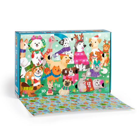 COUNTDOWN PUZZLE – Countdown the 12 days of Christmas with our Ho Ho Howl Countdown Puzzle Set. Open the cover flap to find 12 perforated windows, each with a 48-piece mini puzzle inside. A double-sided insert provides an image reference for each mini puzzle.

BRIGHT AND BOLD ARTWORK – This Ho Ho Howl Countdown Puzzle features the cutest dogs partaking in Christmas customs like sledding, building a gingerbread house and of course drinking hot chocolate! 