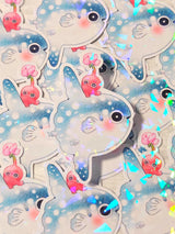 This is a glossy vinyl die-cut paper sticker with holographic features, illustrated and made in-house by me. It's waterproof and ideal for decorating hard surfaces like laptops, water bottles, and phone cases, adding a cute touch to your belongings.&nbsp;

Material: premium glossy waterproof vinyl