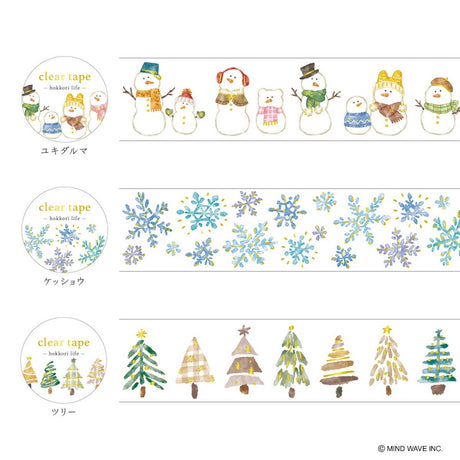 From the popular "HOKKORI LIFE" series, a new winter-like design is now available!
When used together in the series, the winter deco is even more exciting.

Mindwave's clear tape is finished with a matte finish that blends well with paper so that it is easy to use for decoration on notebooks and other items.

Since it is a transparent material, it is recommended to layer it on top of paper material or stickers.
Because it is made of PET material, it is resistant to water and has excellent durability,
so it 