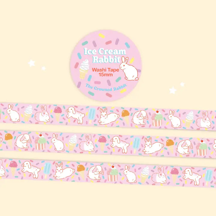 15mm washi tape featuring rabbits and ice cream!

Comes wrapped in protective plastic with sticker label packaging.&nbsp;

Includes 1 roll of washi tape.&nbsp;