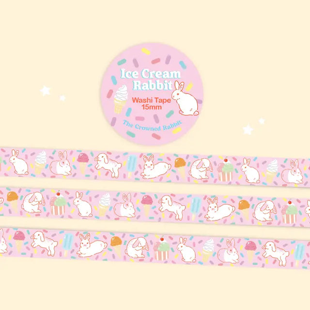 15mm washi tape featuring rabbits and ice cream!

Comes wrapped in protective plastic with sticker label packaging.&nbsp;

Includes 1 roll of washi tape.&nbsp;