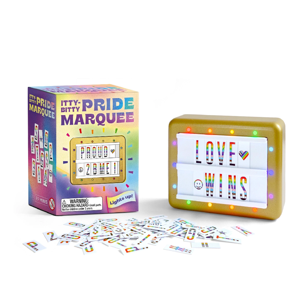 Display your pride every day of the year!

This celebratory kit includes:

Mini light-up sign: Includes a high-quality, gold-plated framed 3-1/3 x 2-2/3-inch customizable marquee sign
Rainbow lights: Features multi-colored lights with 4 changeable modes: steady, twinkle, slow fade, and chasing
Pride Flag-Colored Tiles: 100 PVC tiles include a colorful assortment of letters, numbers, characters, and symbols
Display anywhere: Fits nicely on desks, countertops, mantles, and also includes adherable magnets for 
