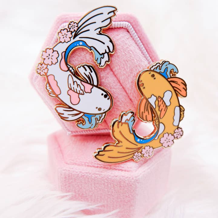 Japanese Cherry Blossom White Koi Fish Enamel Pin