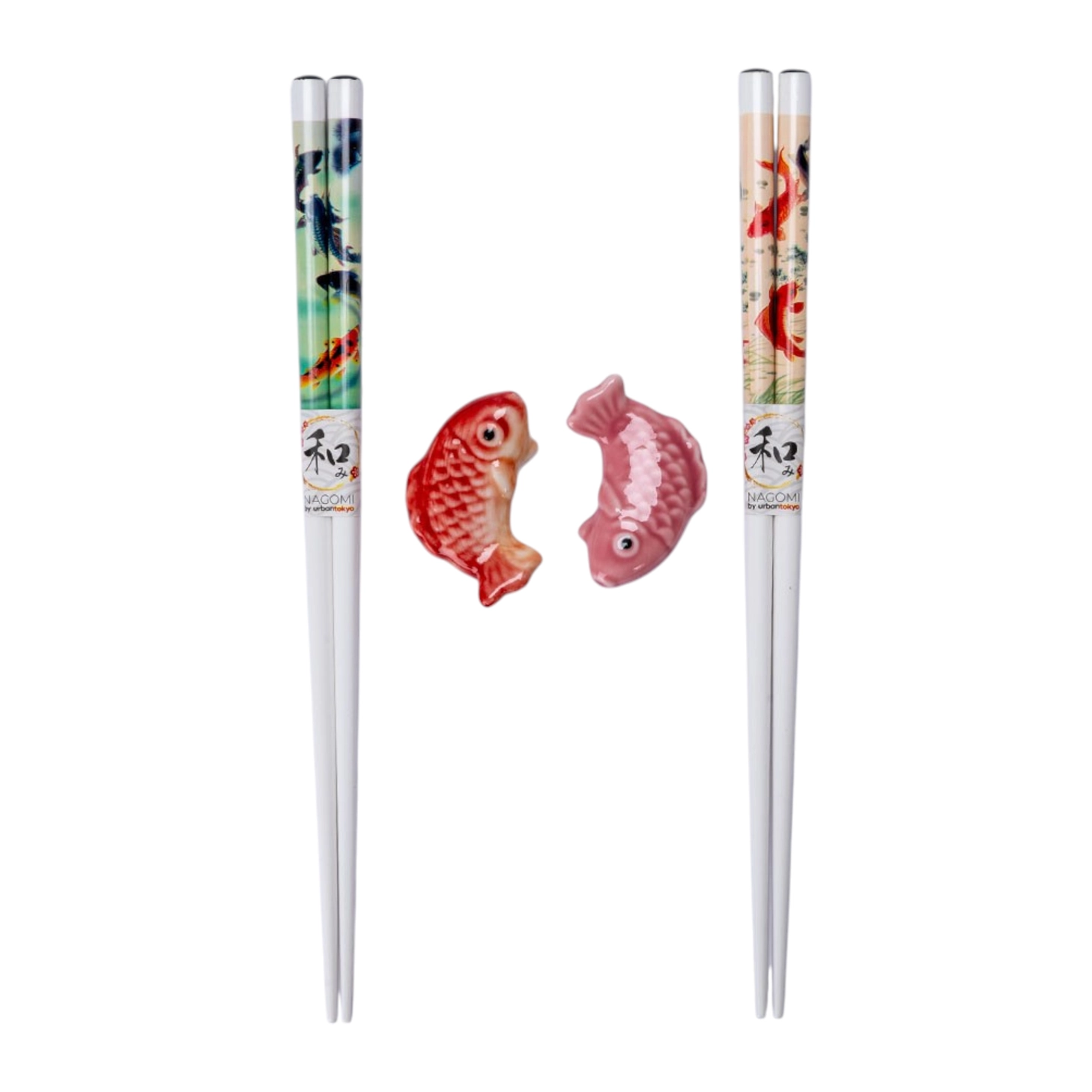 This adorable box set includes 2 sets of matching chopsticks and chopstick rests.&nbsp;

Size: 9 inch chopsticks, 2.25 inches W chopsticks rest
Material: Bamboo and Ceramic
Origin: China