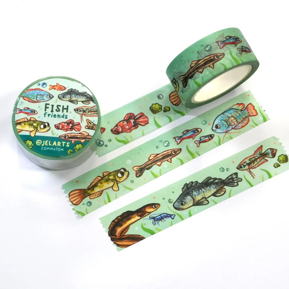 Various cute fish on a roll of washi tape.

20mm wide x 10m length
Great for decorating journal spreads, sketchbooks, scrapbooks, and more!
Plastic wrapped with a label on one side