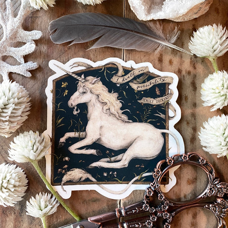 Vinyl semi-transparent sticker of I Dwell in Possibility, by Jessica Roux.

The edges of the sticker are transparent, but the image is opaque.&nbsp;

Sticker measures 3" x 3" and has a matte, soft-touch feel.