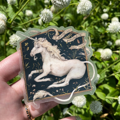 Vinyl semi-transparent sticker of I Dwell in Possibility, by Jessica Roux.

The edges of the sticker are transparent, but the image is opaque.&nbsp;

Sticker measures 3" x 3" and has a matte, soft-touch feel.