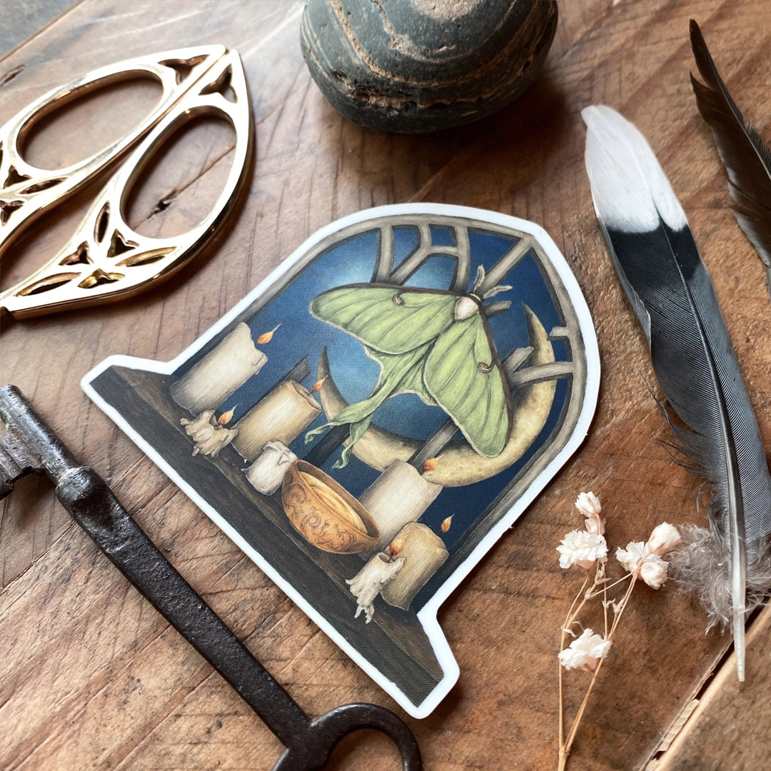 Vinyl sticker of a luna moth and moon at a window, illustrated by Jessica Roux. The window has a matte mirror-effect, glowing with the moonlight.

Sticker measures 2.2" x 2.8" and has a matte, soft-touch feel.