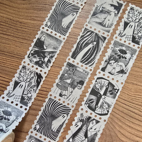 The second of two tapes from the Creative Spirits series by Jon Turner, little ghosties taking you on an eclectic tour of art history. This roll features ghosts inspired by Bridget Riley, Rene Magritte, Hilma Af Klimt, Georgia O'Keeffe, Salvador Dali, Paul Cezanne, Pablo Picasso, Georges Seurat, MC Escher, and Jean-Michel Basquiat.

Perforated to look like a roll of postage stamps, this washi tape features a repeating pattern of ten designs in portrait format from hand-drawn pen and ink artwork, recreated i