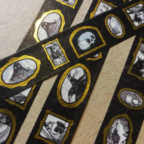 Turn every surface into a tiny gallery with this washi tape featuring tiny Jon Turner artworks in shiny gold frames, an array of little robots, ghosts and other spooky oddities. Perfect for spooky journalling or curious correspondence.

Two designs available, with each tape featuring 16 miniature masterpieces in a repeating pattern. Each roll measures approximately 15mm wide, and the roll is 10m long; they are cello wrapped and decorated with branded stickers on either side.



15mm wide
10m length