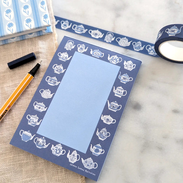 A simple tear away notepad for jotting down to do lists, things to remember, or a short Thank-You note. Illustrated with many different styles of blue and white teapots.