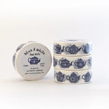 This tea themed washi tape is made from my original illustrations and it features a continuous parade of different styles of blue and white teapots on a white background.
