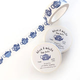This tea themed washi tape is made from my original illustrations and it features a continuous parade of different styles of blue and white teapots on a white background.