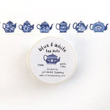 This tea themed washi tape is made from my original illustrations and it features a continuous parade of different styles of blue and white teapots on a white background.