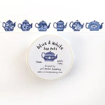 This tea themed washi tape is made from my original illustrations and it features a continuous parade of different styles of blue and white teapots on a white background.