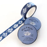 This tea themed washi tape is made from my original illustrations, and it features a continuous parade of different styles of blue and white teapots on a blue background.