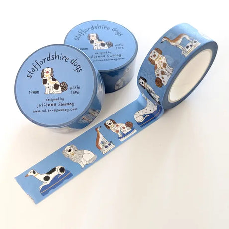 A washi tape for Staffordshire dog lovers! Made from my original illustrations of various styles and forms of Staffordshire dog figurines on a blue background