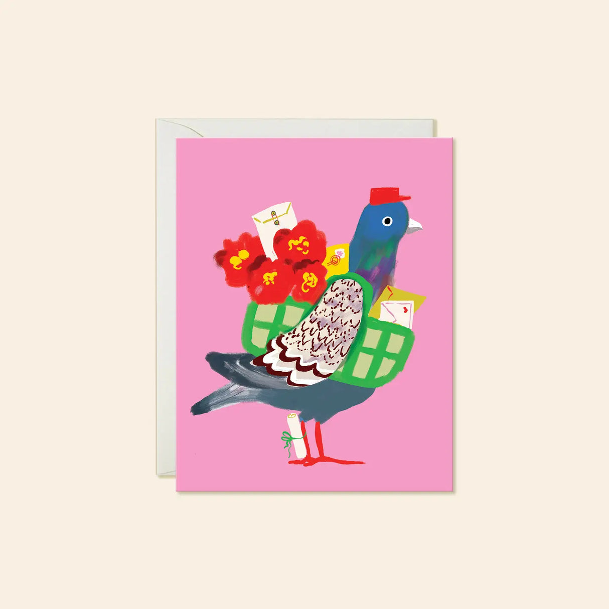 Karen Schipper Greeting Card - Pigeon Post

Not all mail needs a mailbox. Pigeon Post is an illustrated greeting card featuring a proud little carrier pigeon loaded up with bright red flowers and hand-delivered letters — a playful nod to classic snail mail with bold, modern color.

A2 folded card, 4.25" W × 5.5" L
Printed in full color on FSC® certified white cover paper
Blank interior
Single greeting card + euro-flap envelope
Packaged in cello sleeve
Printed locally in US