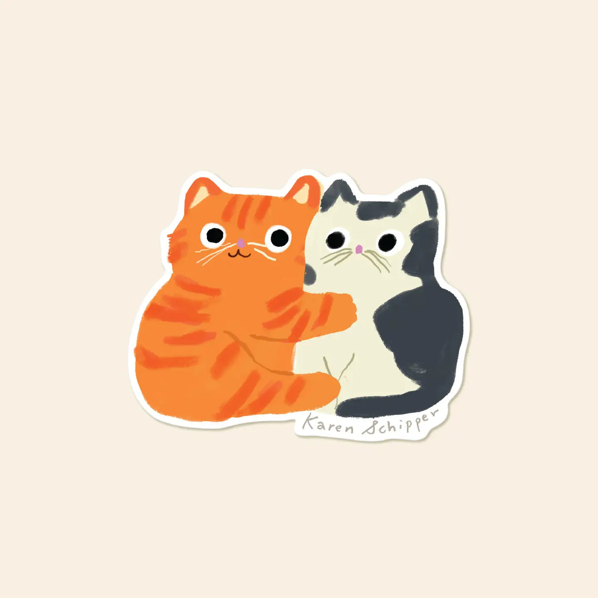 Karen Schipper Vinyl Sticker - Cat Hug

Some stickers say it all without a single word. Cat Hug Sticker features two cuddling cats — an orange tabby wrapping an arm around a black-and-white friend — making it a cute cat sticker that instantly feels warm and giftable.&nbsp;

Made from matte-coated, waterproof vinyl, it’s durable enough for laptops, planners, water bottles, and more. It’s an easy impulse add-on for cat people, best friends, and shoppers looking for a small but meaningful gift.

Measures appro