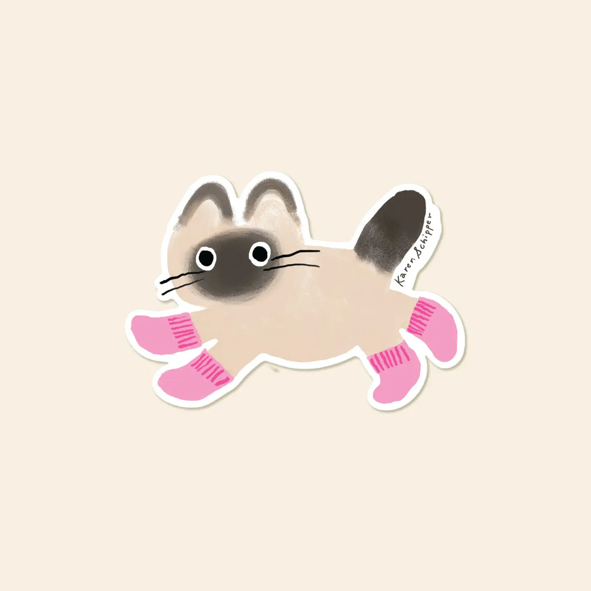A cat in tiny pink socks is impossible not to smile at. Cat Socks Sticker features a sweet cream-and-black cat padding along in bright pink socks, giving the design a playful, cozy, and instantly giftable feel.

Made from matte-coated, waterproof vinyl, it’s durable enough for laptops, planners, water bottles, and more. It’s an easy impulse add-on for cat people, best friends, and shoppers looking for a small but meaningful gift.

Measures approximately 3 inches
Matte coating; durable, waterproof, and scrat