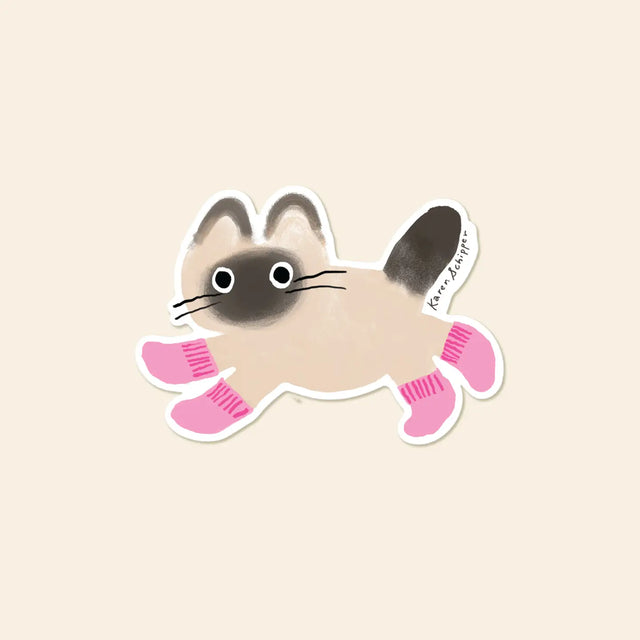 A cat in tiny pink socks is impossible not to smile at. Cat Socks Sticker features a sweet cream-and-black cat padding along in bright pink socks, giving the design a playful, cozy, and instantly giftable feel.

Made from matte-coated, waterproof vinyl, it’s durable enough for laptops, planners, water bottles, and more. It’s an easy impulse add-on for cat people, best friends, and shoppers looking for a small but meaningful gift.

Measures approximately 3 inches
Matte coating; durable, waterproof, and scrat