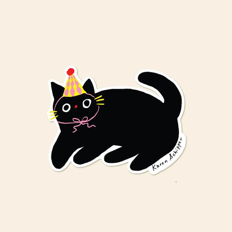 Karen Schipper Vinyl Sticker - Party Cat

Some stickers just make people smile instantly. Party Cat Sticker features a wide-eyed black cat in a striped party hat with a pink bow, making it a cute cat sticker that brings celebration energy to any display.

Made from matte-coated, waterproof vinyl, it’s durable enough for laptops, planners, water bottles, and more. It’s an easy impulse add-on for cat people, best friends, and shoppers looking for a small but meaningful gift.

Measures approximately 3 inches
M