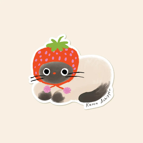 Sweet, playful, and full of charm, Strawberry Cat Sticker features an adorable cream cat with a bright strawberry cap and tiny pink bows.&nbsp;

Made from matte-coated, waterproof vinyl, it’s durable enough for laptops, planners, water bottles, and more. It’s an easy impulse add-on for cat people, best friends, and shoppers looking for a small but meaningful gift.

Measures approximately 3 inches
Matte coating; durable, waterproof, and scratch-resistant vinyl
Printed locally in the US
Designed by Karen Schi