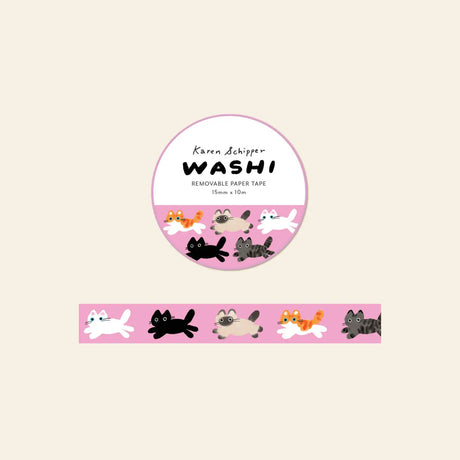 The illustrated cats stretch, leap, and lounge across a soft pink background, giving this decorative paper tape a playful look for journals, packages, planners, and happy mail.

Tape dimensions: 15mm x 10m
Each tape is approx. 1.75” x 1.75” x 0.65”
Packaged in clear plastic with two round branded stickers on each side of the roll&nbsp;
Designed in the USA, made in China