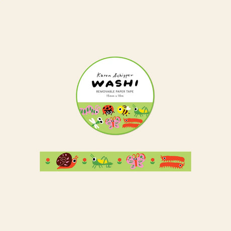 Karen Schipper Washi Tape - Cute Bugs

Snails, butterflies, ladybugs, bees, and other tiny garden friends make the Cute Bugs Washi Tape feel playful from the first glance. This decorative paper tape brings a colorful nature-inspired touch to planners, journals, scrapbooks, packages, and creative paper projects.

Tape dimensions: 15mm x 10m
Each tape is approx. 1.75” x 1.75” x 0.65”
Packaged in clear plastic with two round branded stickers on each side of the roll&nbsp;
Designed in the USA, made in China