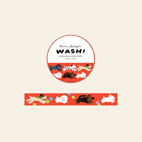 Karen Schipper Washi Tape - Dogs

Tennis balls, happy pups, and a bold red-orange background give the Dogs Washi Tape instant pet-lover appeal. This decorative paper tape feels fun, energetic, and easy to grab for dog-themed gifts, planners, packages, and everyday craft projects.

Tape dimensions: 15mm x 10m
Each tape is approx. 1.75” x 1.75” x 0.65”
Packaged in clear plastic with two round branded stickers on each side of the roll&nbsp;
Designed in the USA, made in China