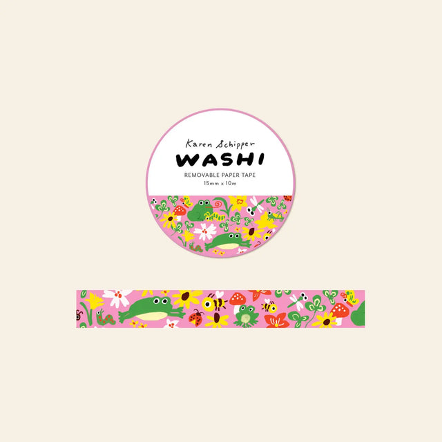 Karen Schipper Washi Tape - Garden Toad

Frogs, flowers, mushrooms, bees, and tiny garden bugs come together on the Garden Toad Washi Tape, a whimsical decorative paper tape with playful illustrated style. Set against a pink background, this washi tape feels colorful, cheerful, and perfect for those who love nature-inspired stationery.

Tape dimensions: 15mm x 10m
Each tape is approx. 1.75” x 1.75” x 0.65”
Packaged in clear plastic with two round branded stickers on each side of the roll&nbsp;
Designed in t
