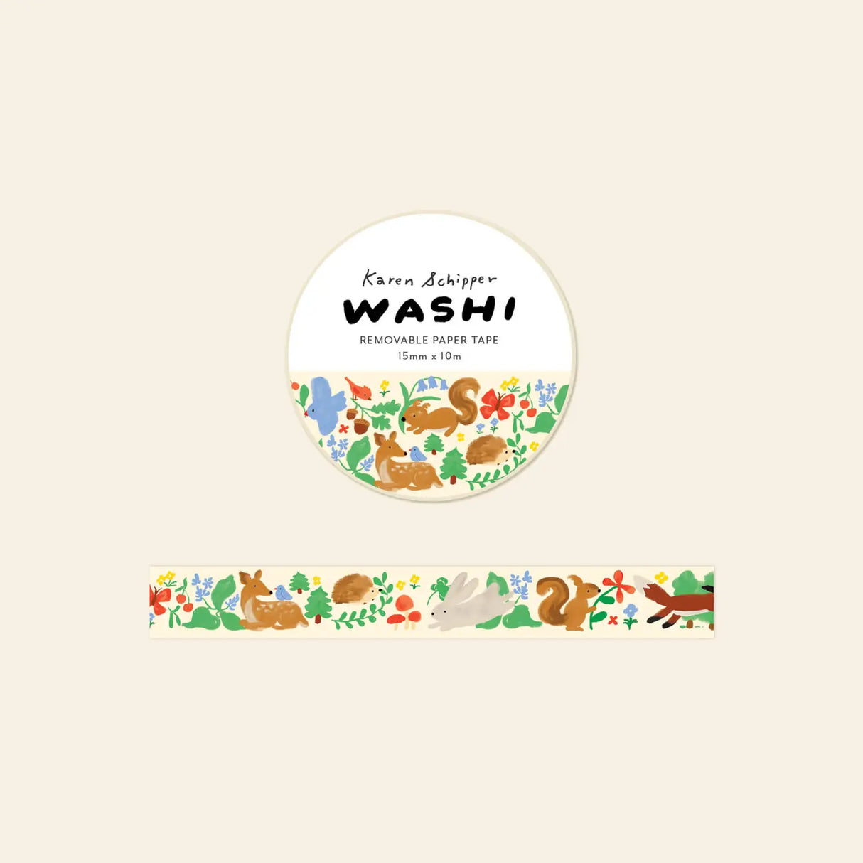 Karen Schipper Washi Tape - Woodland

A whole woodland scene winds across the Woodland Washi Tape, featuring illustrated deer, rabbits, squirrels, hedgehogs, foxes, birds, and flowers. This decorative paper tape has a soft, storybook feel that makes it especially appealing for nature lovers, journalers, and those drawn to whimsical stationery.

Tape dimensions: 15mm x 10m
Each tape is approx. 1.75” x 1.75” x 0.65”
Packaged in clear plastic with two round branded stickers on each side of the roll&nbsp;
Desig