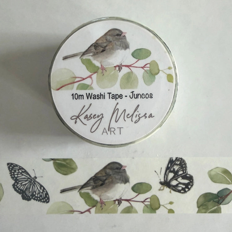 Dark eyed junco birds and butterflies washi tape. Add a bit of whimsical color to your journal, letters or scrapbooking. Put a bird on it!

• Eco-friendly, high-quality washi tape
• Size: 25.4mm x 10m
• Sold individually
• Shrink-wrapped with a coordinating hand designed label
• Hand painted design by Kasey Lewis
• Imported

Images and art copyright Kasey Melissa Art