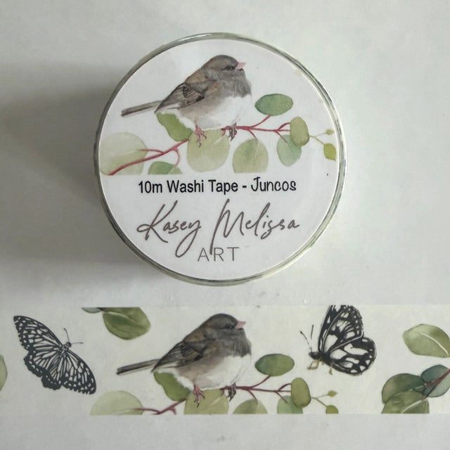 Dark eyed junco birds and butterflies washi tape. Add a bit of whimsical color to your journal, letters or scrapbooking. Put a bird on it!

• Eco-friendly, high-quality washi tape
• Size: 25.4mm x 10m
• Sold individually
• Shrink-wrapped with a coordinating hand designed label
• Hand painted design by Kasey Lewis
• Imported

Images and art copyright Kasey Melissa Art