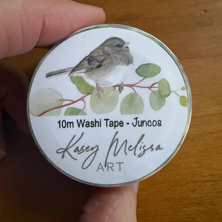 Dark eyed junco birds and butterflies washi tape. Add a bit of whimsical color to your journal, letters or scrapbooking. Put a bird on it!

• Eco-friendly, high-quality washi tape
• Size: 25.4mm x 10m
• Sold individually
• Shrink-wrapped with a coordinating hand designed label
• Hand painted design by Kasey Lewis
• Imported

Images and art copyright Kasey Melissa Art