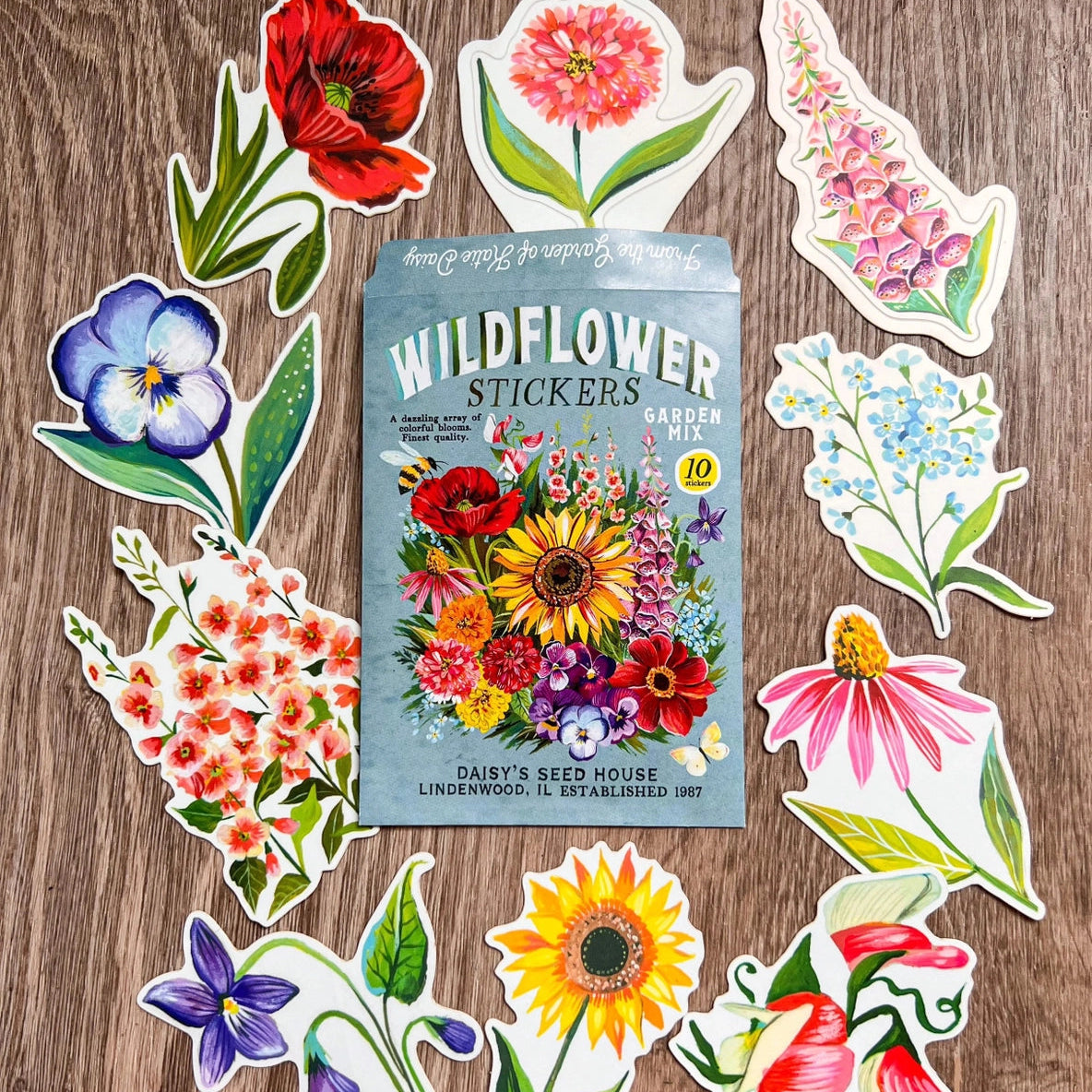 Wildflower Sticker Pack - Set of 10 Matte Stickers by Katie Daisy

From The Garden of Katie Daisy:

Adorn your laptop, water bottle, packages and so much more with this set of vibrant wildflower STICKERS!! You'll receive 10 floral stickers in a seed packet! (This listing is not for wildflower seeds ;) )