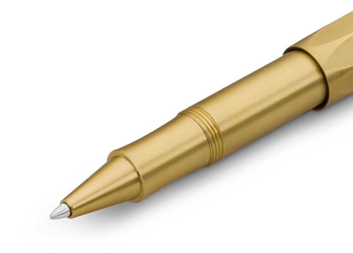 The latest technology of gel refill and ceramic ball combined with classic design made of high-quality brass with an individual touch.


This pocket roller ball pen has a closed size of only 10.5 cm and grows to a standard size of 13 cm withthe cap attached.

The high-quality brass will develop a natural and individual patina with daily use. Due to the high weight, the writing instrument already presses slightly onto the paper by itself. This feature makes it possible for you to write longer and more comfor