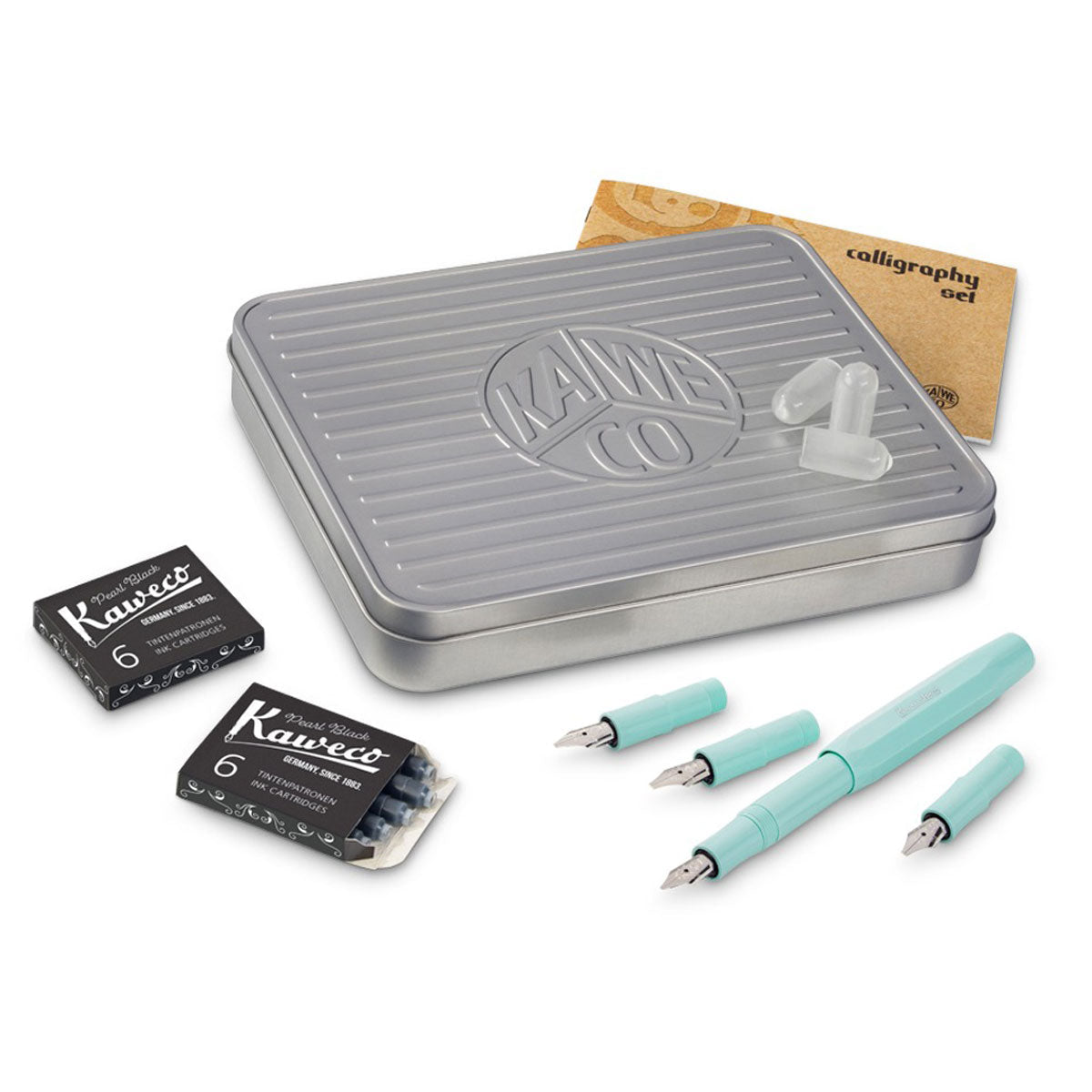 Kaweco Calligraphy Set - Mint

The timeless model of the Sport series in the large calligraphy set

The Calligraphy Sport Set includes a Kaweco Sport Fountain Pen in the color Mint, four front parts with different calligraphy nib sizes (1.1 mm, 1.5 mm, 1.9 mm and 2.3 mm), three protective caps for the interchangeable front parts, and two packs of Kaweco ink cartridges in the color Pearl Black.

In 1911, something special was created with the Kaweco Sport. The pocket fountain pen has a size of only 10.5 cm w