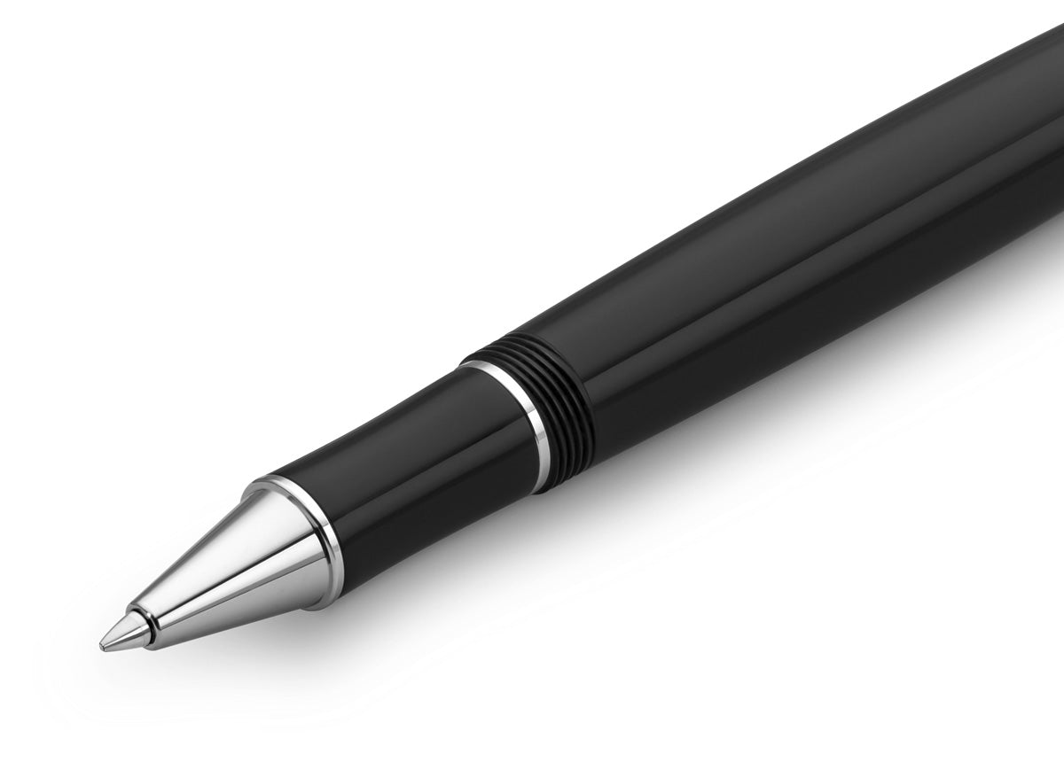 Luxurious roller ball in nostalgia design made of high-grade acrylic with elegant elements.

The decorative elements and proportions are based on those of the golden 1920s. This treasure of the German heyday of art, culture and science has been preserved in detail. The Gel Roller allows effortless writing and an exceptionally writing experience.

The roller ball consists of more than 15 individual parts. The pen lining is made of deep black acrylic (PMMA) and polished and assembled by hand.

The Kaweco DIA2