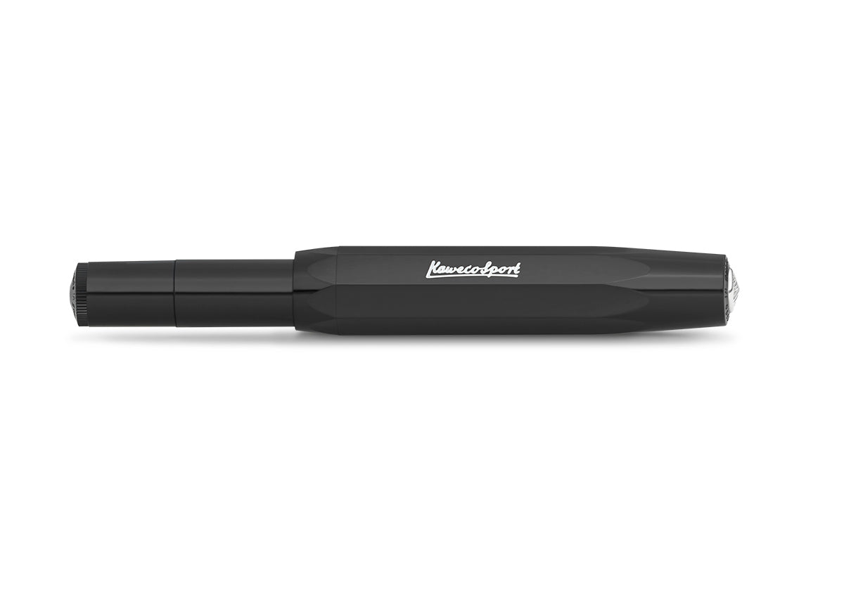 All black everything - our fountain pen in black performs brilliantly in any situation. The classic and elegant colour can be combined with various notebooks, papers and other accessories.



In 1911 something remarkable by the name of Kaweco Sport was created. The pocket fountain pen only measures 10.5 cm when closed, therefore it can easily be taken anywhere. With the cap attached, it grows to a normal size of 13 cm.

You can choose between five nib sizes from extra fine (EF) to extra broad (BB). If you'r